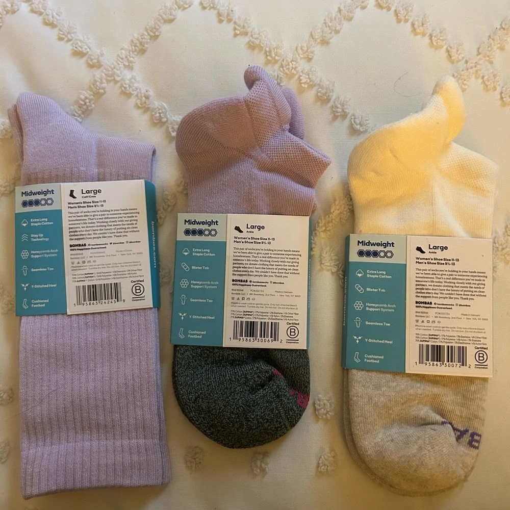 3 pack of Bombas Men's or Womens Casual Socks - Lavender, Charcoal, and Ivory - Picture 2 of 4